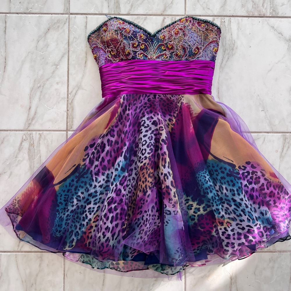 Faviana Couture Strapless Dress - Sequined Top, Tulled Skirt, Leopard Rainbow